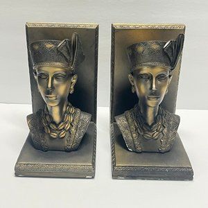 Vintage Bookends, Plaster, African/Egyptian Style Bust, Burnished Bronze Finish